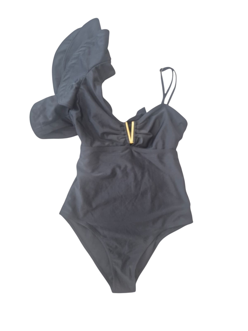 Girls Black One-Shoulder Ruffle Swimsuit with Gold V Accent